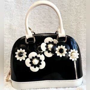 Mini Black White Patent Floral Bag | Vintage Style Top Handle Statement Purse